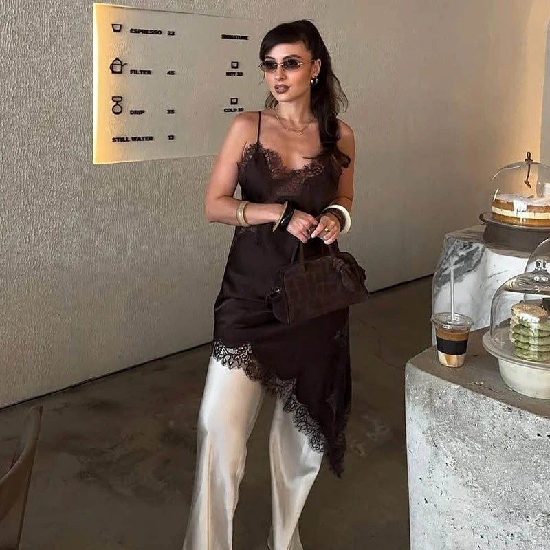 Sexy Irregular Satin Lace Dress Women Fashion V Neck Hem Suspender Mini Dresses 2025 New Fashion Party Vestidos Camisole Dress