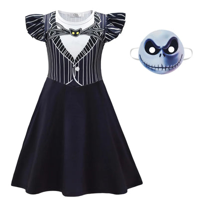 Halloween Skeleton Cosplay Costume for Kids Girl Jeck Striped Top Dress Outfit Horror Scary Christmas Party Uniform Mask Suit
