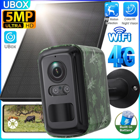 UBOX 5MP Mini 4G Solar Camera Outdoor WiFi Surveillance Camera Camouflage Wildlife Cam CCTV PIR Detection Color/IR Night Vision