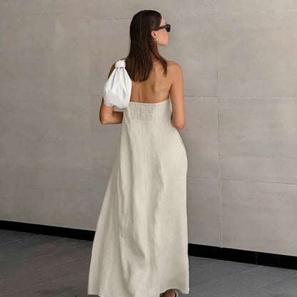 Minimalist Cotton Linen Design Strapless Dress Summer Women's Personal Street Elastic Backless Pocket Vacation Beach Dress
