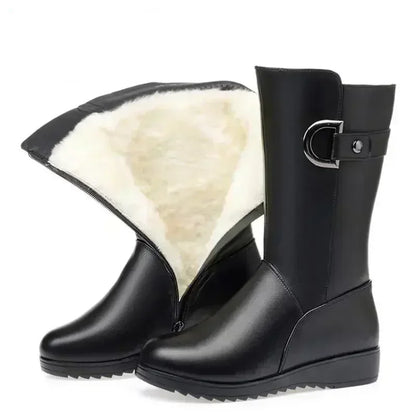 2025 Winter Leather Women Winter Boots Thick Wool Warm Women High-heeled Genuine Boot High-quality Female Snow Boots Women Shoes
