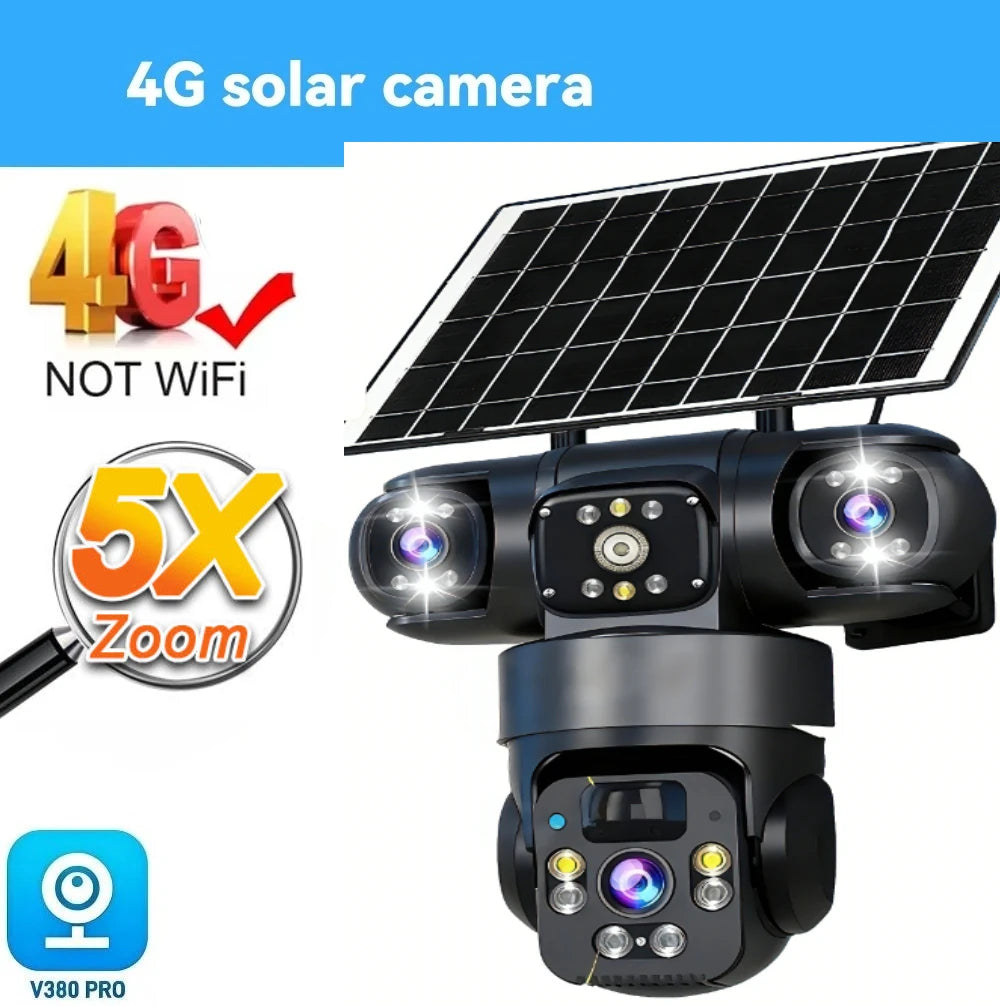 8K 15MP Three Screen 10X Zoom Wifi Surveillance Camera V380 Pro 4G Camera Solar Outdoor Waterproof Battery Security CCTV Solar