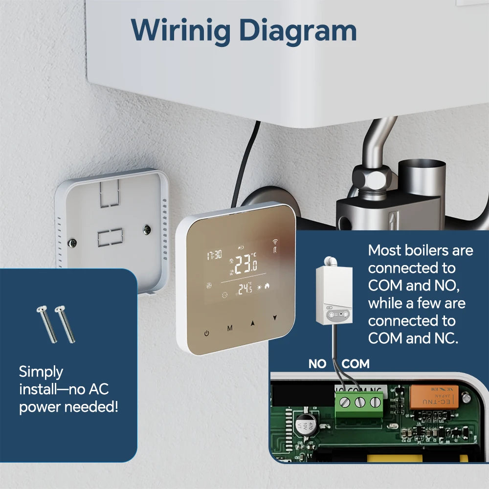 Beok Tuya Wifi Smart Thermostat Battery Powered Mirror LCD Display Gas Boiler Temperature Controller Support Alexa Google Home