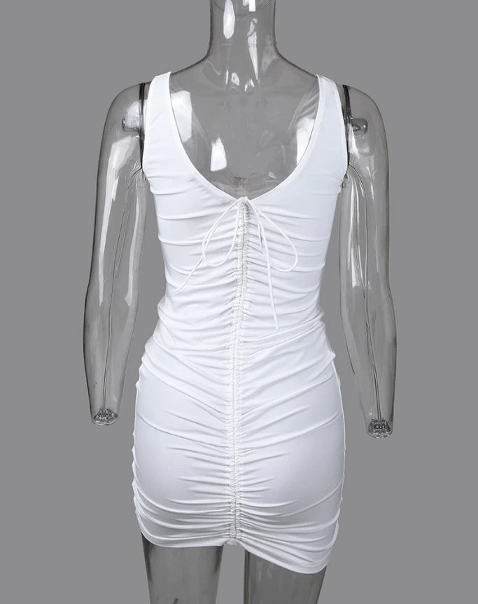 Womens Dresses  Summer Fashion V-Neck Drawstring Ruched Backless Sexy Plain Sleeveless Bodycon Mini Night Out Dress