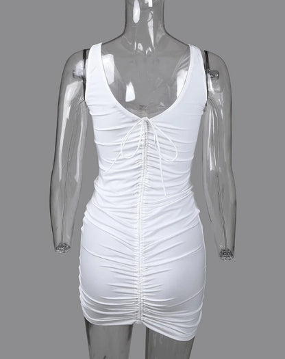 Womens Dresses  Summer Fashion V-Neck Drawstring Ruched Backless Sexy Plain Sleeveless Bodycon Mini Night Out Dress