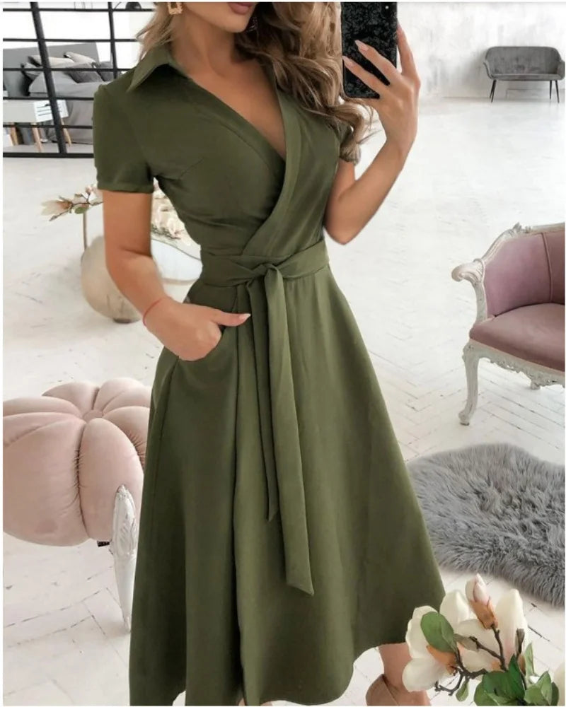 Office Lady Elegant Summer Short Sleeveless Dress Women Casual Turn-Down Collar Belt Dress Sexy V Neck Slim Solid Long PartyRobe