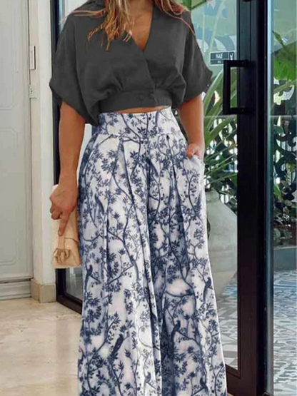 Solid Color V-neck Short Sleeved Floral Print Women's Wide Leg Pants High Street Fashion Daily Versatile Summer Set