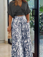Solid Color V-neck Short Sleeved Floral Print Women's Wide Leg Pants High Street Fashion Daily Versatile Summer Set