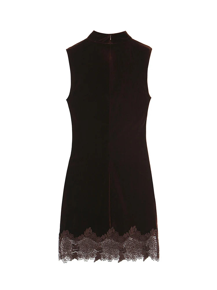 TFMLN Elegant Solid Velvet Dress For Women Chic Lace Spliceing Half High Collar Slim Sleeveless Short Dress Fashionable Ladies