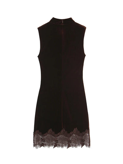TFMLN Elegant Solid Velvet Dress For Women Chic Lace Spliceing Half High Collar Slim Sleeveless Short Dress Fashionable Ladies