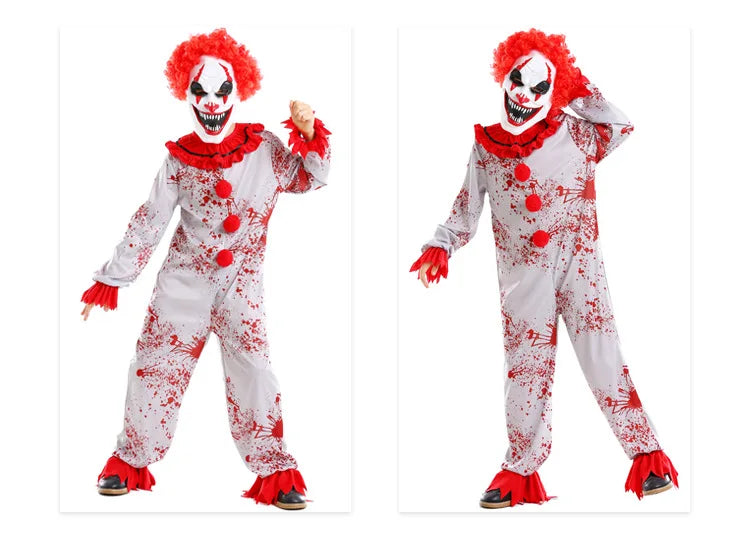 Movie Killer Clown Costume Cosplay For Boy Girl Scary Clown Gray Jumpsuit with Blood Fancy Hallween for Boys Terror Jumpsuit