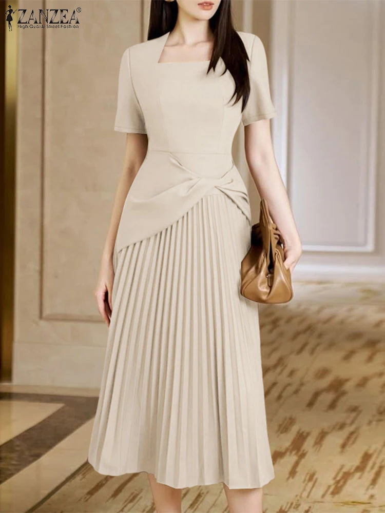 ZANZEA Elegant Office Work Dresses 2025 Women Summer Dress Square Neck Party Sundress Fashion Short Sleeve Pleated Vestidos Robe