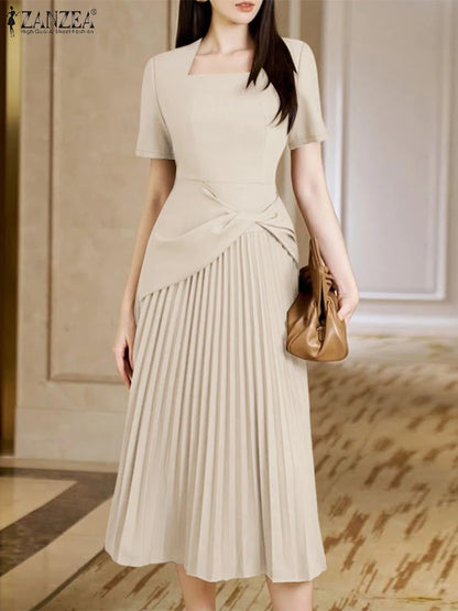 ZANZEA Elegant Office Work Dresses 2025 Women Summer Dress Square Neck Party Sundress Fashion Short Sleeve Pleated Vestidos Robe