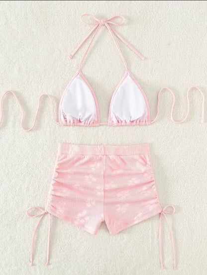Special Fabric Neck Hanging Sexy Pink Swimsuit 2 Piece Set Halter Bikini Top Knot On The Edge Bikini Bottom 2025 Bathing Suit