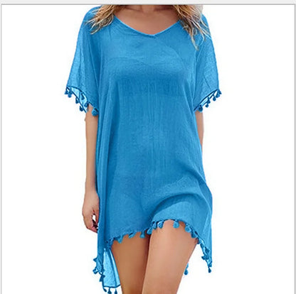 2023 Chiffon Tassels Beach Wear Women Swimsuit Cover Up Swimwear Bathing Suits Summer Mini Dress Loose Solid Pareo Cover Ups