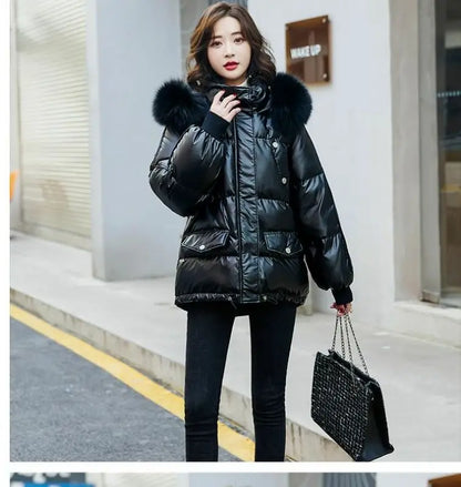 2025 Winter Fashion New Warm Duck Down Jacket Women's Clothes Glossy Fur collar Thicken Parka Short Down Coat Female Trend
