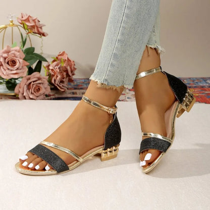 Summer Plus Size Women's Modern Cover Heel Sandals Fashion Ankle Buckle Strap Shoes Bling Crystal Low Heel Dress Sandals