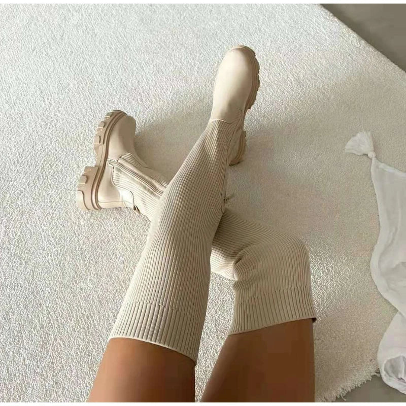 Women Thick Sole Boots Autumn Winter Breathable Knitting Sock Ladies Thigh High Boots Stretch Round Toe Shoes Plus Size 43