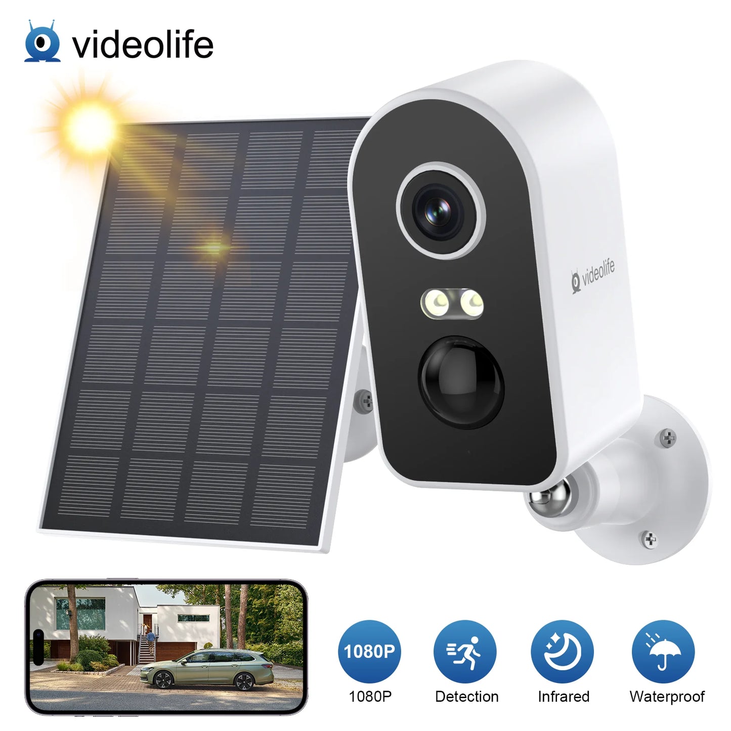 Videolife 3MP Waterproof Solar Security Camera Wireless 2.4G WiFi Solar Battery Powered Camera HD Home Surveillance Protection