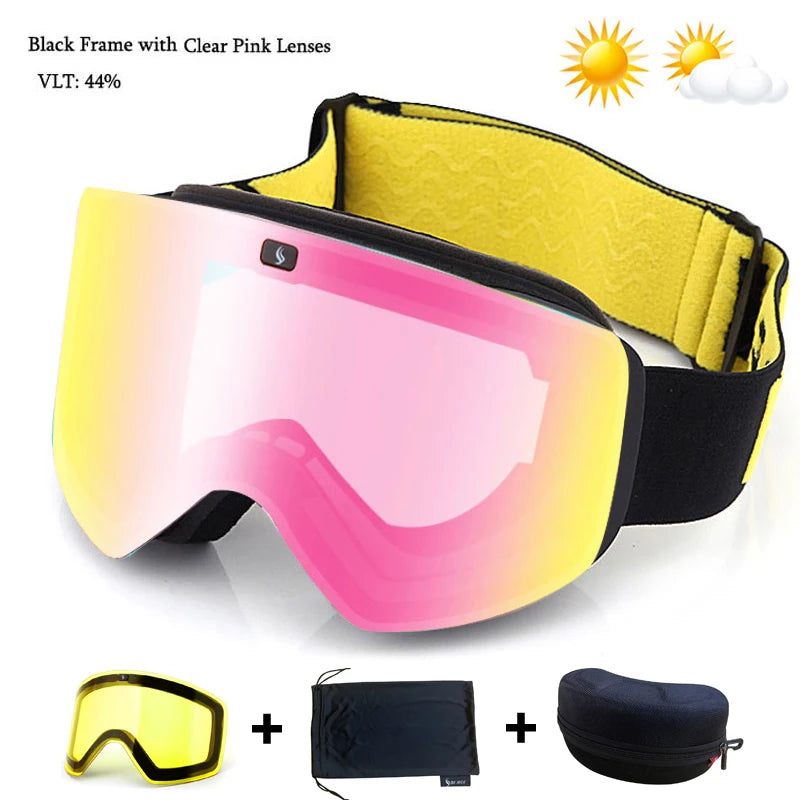 Ski Goggles with Magnetic Double Layer Yellow Lens Skiing Anti-fog UV400 Snowboard Goggles Men Women Ski Glasses Eyewear Set