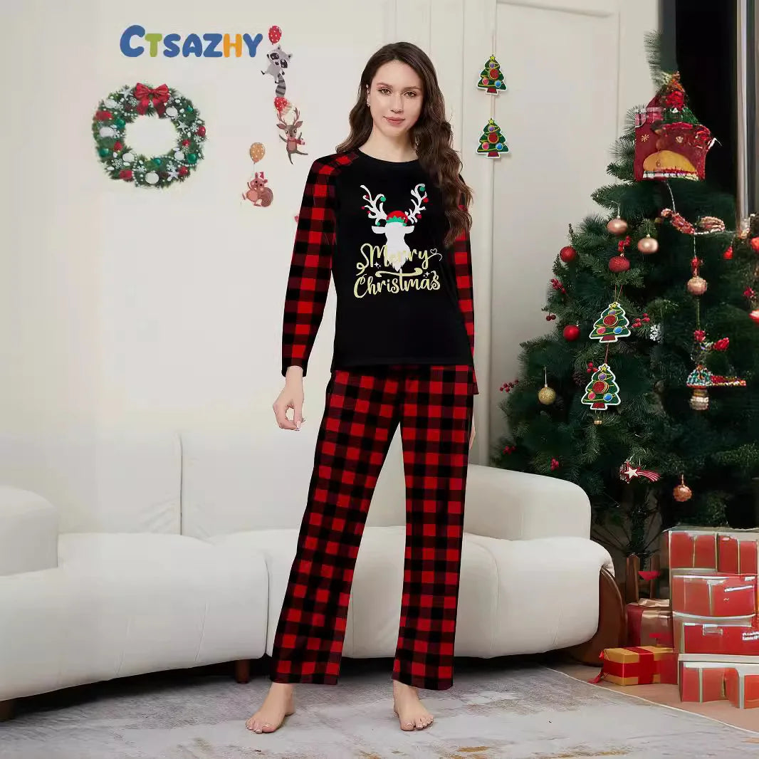 Christmas family suit, family pajamas set, round neck red and black check cute deer print long sleeve home suit