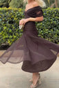 Elegant Women's Bat Sleeve Swing Party Dress Women's Low Breast Cocktail Party Dress Printed Pleated Party Dress Mesh Long Skirt