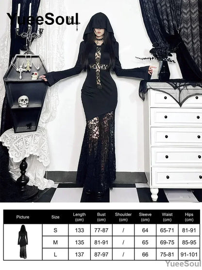 Halloween Gothic Grunge Punk Women Dress Long Sleeve Lace Slim Black Dresses 2025 New Y2K Harajuku Lolita Fairy Core Party Dress