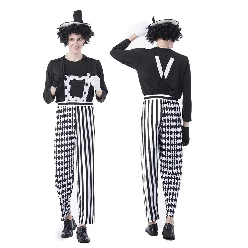 Women Killer Clown Costume Adult Cosplay Terror Clown Jumpsuits Halloween Funny Scary Clothing White Black Stripe Clown Outfits