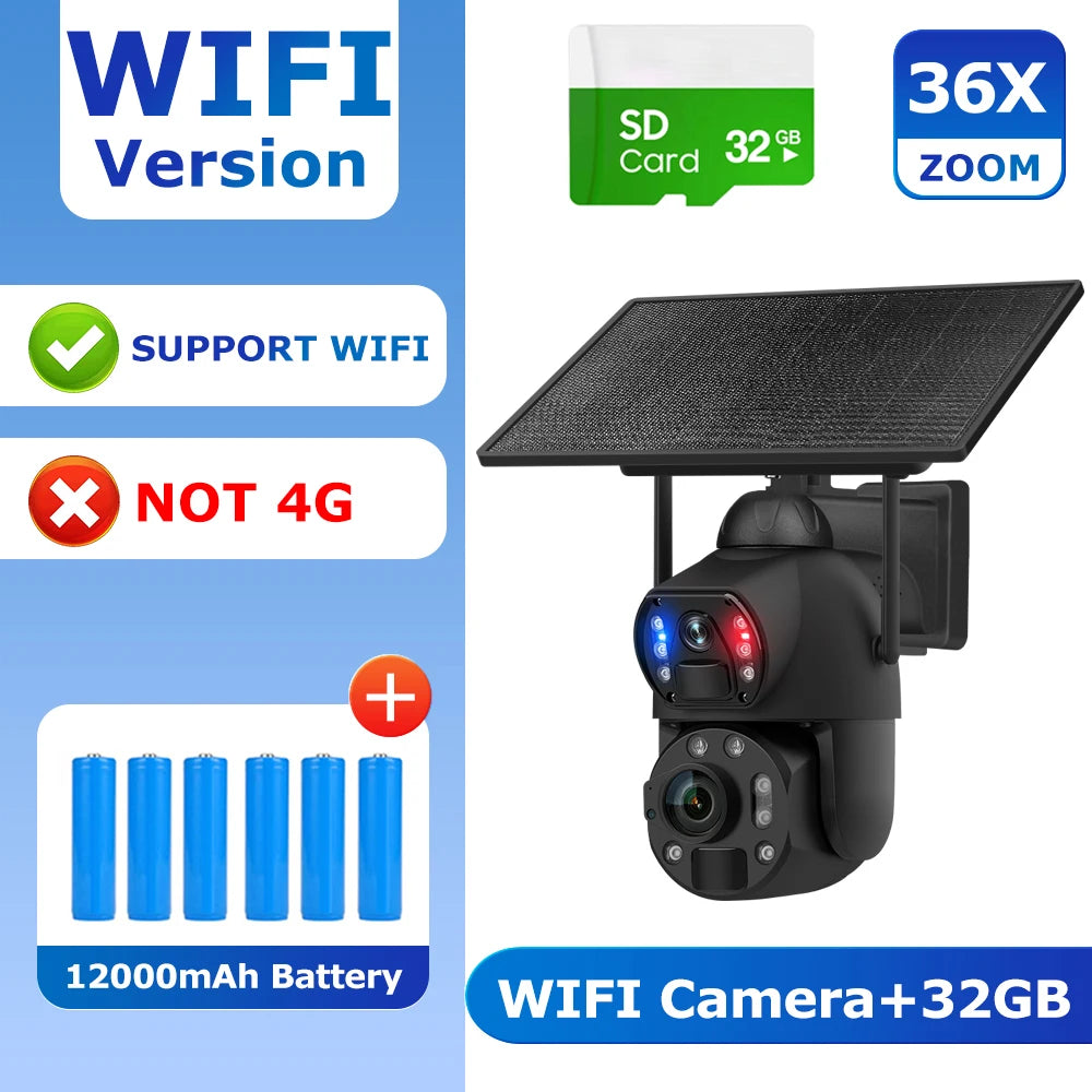 SHIWOJIA 4K 8MP 36X Zoom 4G Solar Camera Dual Lens Dual Screen Human Detect Auto Tracking Outdoor 10W Solar Panel WIFI CCTV