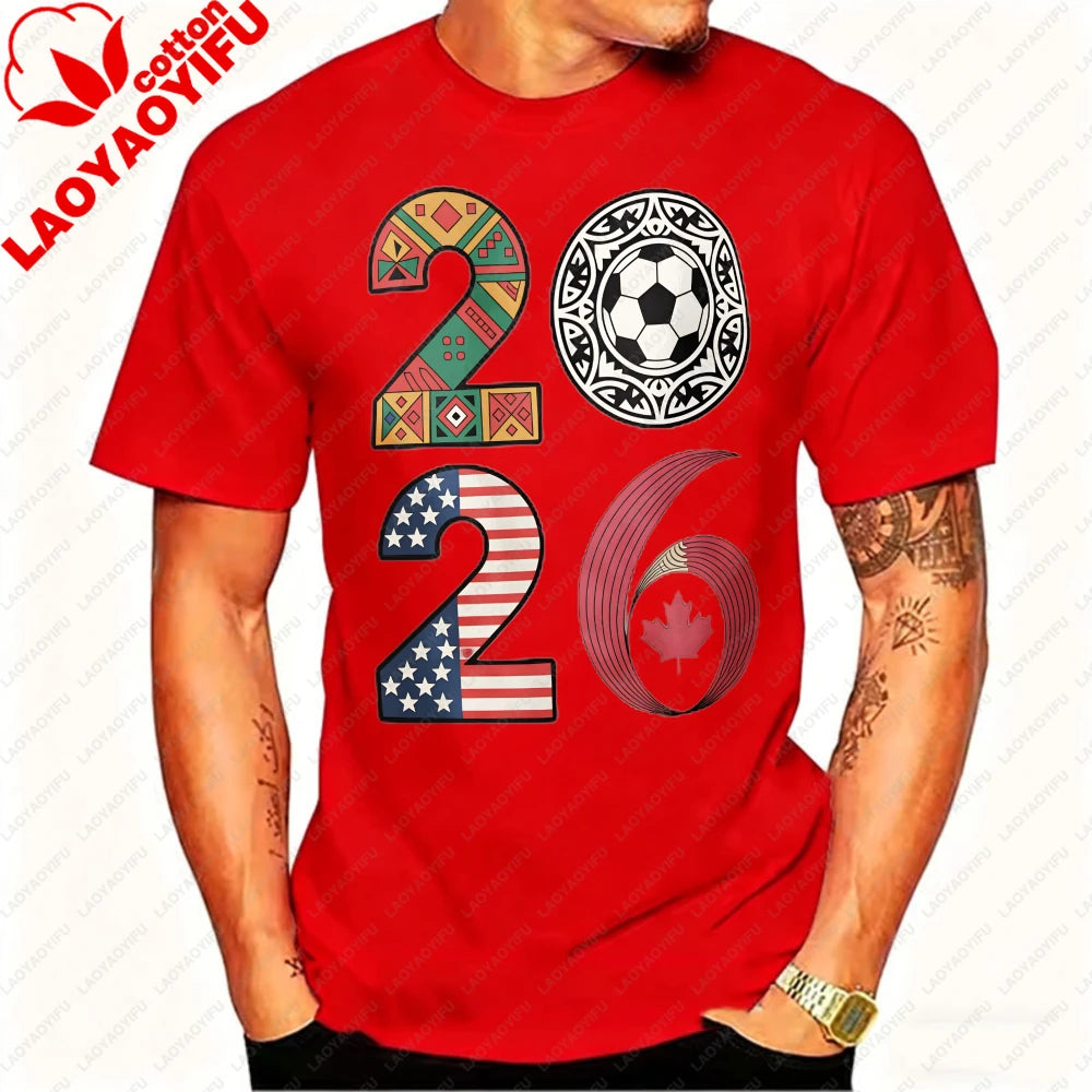 2026 USA Canada Mexico Soccer T-Shirt Cotton Shirt Tribal & Flag Graphic Tee, Ideal Gift for North American Football Enthusiasts