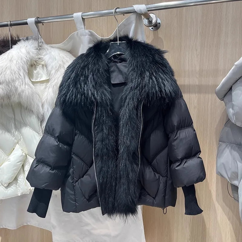 OFTBUY 2025 New Winter Large Real Raccoon Fur Puffer Coat Women Oversized Feather Down Parka Knit Sleeve White Duck Down Jacket