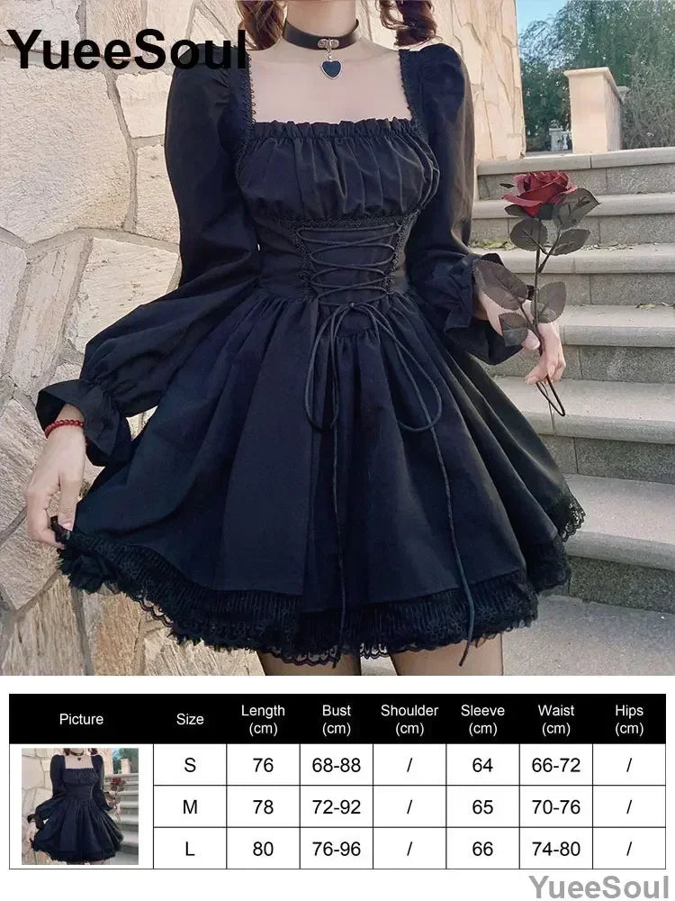 Halloween Gothic Grunge Punk Women Dress Long Sleeve Lace Slim Black Dresses 2025 New Y2K Harajuku Lolita Fairy Core Party Dress