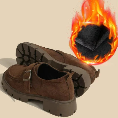 2025 Women's Suede Loafers Round Toe Chunky Sole Buckle Decor Slip-On Casual Shoes Anti-Slip Retro Brown Flats