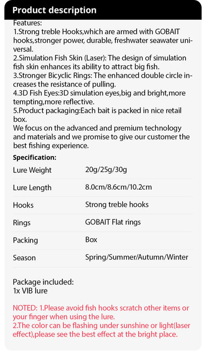 GOBAIT VIB Fishing Lure 20g 25g 30g Metal Jig Sinking Blade Treble Hook Spinner Spoon Cast RATION Carbon Steel Tackle Hard Bait