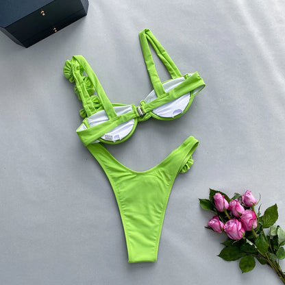 2024 New Bikini Set Womens Steel Plate Solid Color Three-dimensional Flower Split Ladies Swimsuit Women