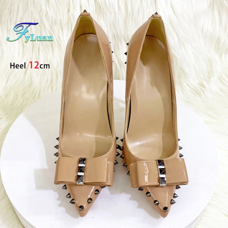 Size 34-46 Women's Pumps 8-12CM Fashion Rivet Pointed Toe Single Shoes With Bow-knot Spring Autumn Nightclub Party High Heels