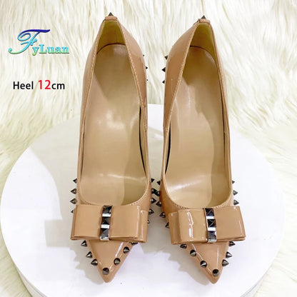 Size 34-46 Women's Pumps 8-12CM Fashion Rivet Pointed Toe Single Shoes With Bow-knot Spring Autumn Nightclub Party High Heels
