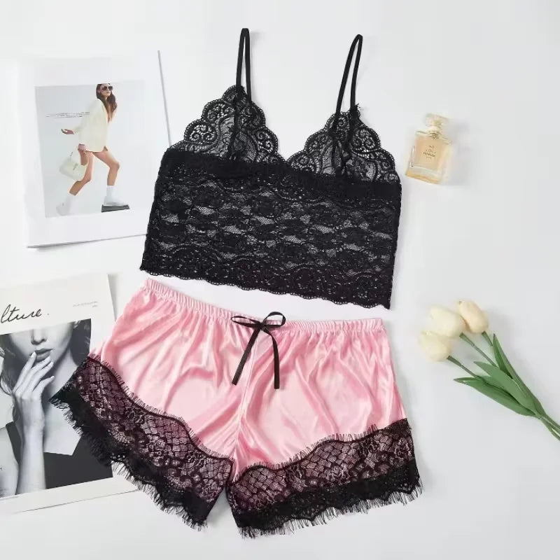 Summer Sexy Sleepwear Womens Lace Sleeveless V-Neck Pajamas Set Lingerie Babydoll Tops Shorts Set Nightwear