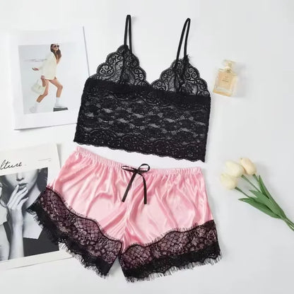 Summer Sexy Sleepwear Womens Lace Sleeveless V-Neck Pajamas Set Lingerie Babydoll Tops Shorts Set Nightwear