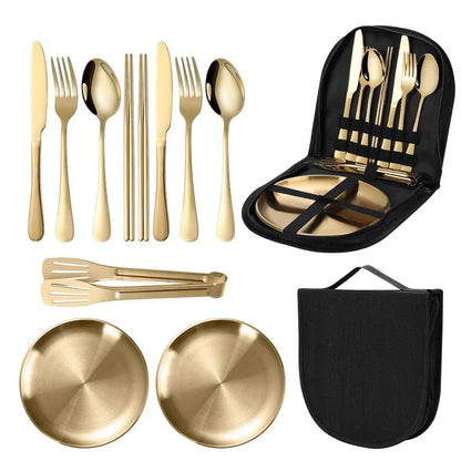 11 Pcs/lot Picnic Tableware Kit Portable Stainless Steel Knife Fork Spoon Plate Cutlery Set Outdoor Travel Camping Equipment
