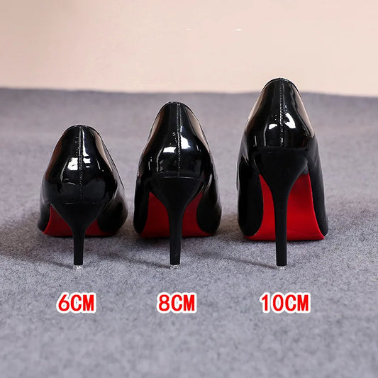 Sexy Pointed Toe Patent Leather High Heels Temperament Girl Red Sole Party Dress Stiletto Pumps Classic Black Work Single Shoes