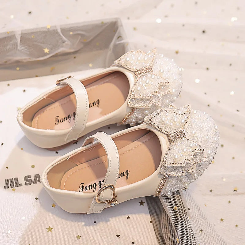 Autumn Fashion Pearl Bow Rhinestone Little Girl Shoes Flat Heels Kids Princess Shoes