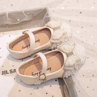 Autumn Fashion Pearl Bow Rhinestone Little Girl Shoes Flat Heels Kids Princess Shoes