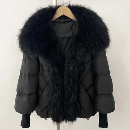 OFTBUY 2025 New Winter Large Real Raccoon Fur Puffer Coat Women Oversized Feather Down Parka Knit Sleeve White Duck Down Jacket