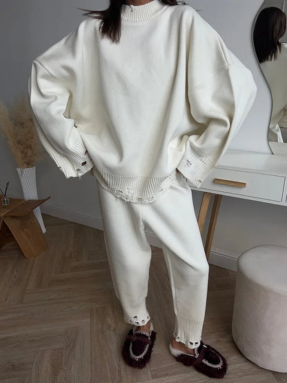 Bornladies Autumn Winter Women's New Turtleneck Knit Sweater Skinny Knit Pants Set Soft Oversized Ripped Hem Fashion Pullover
