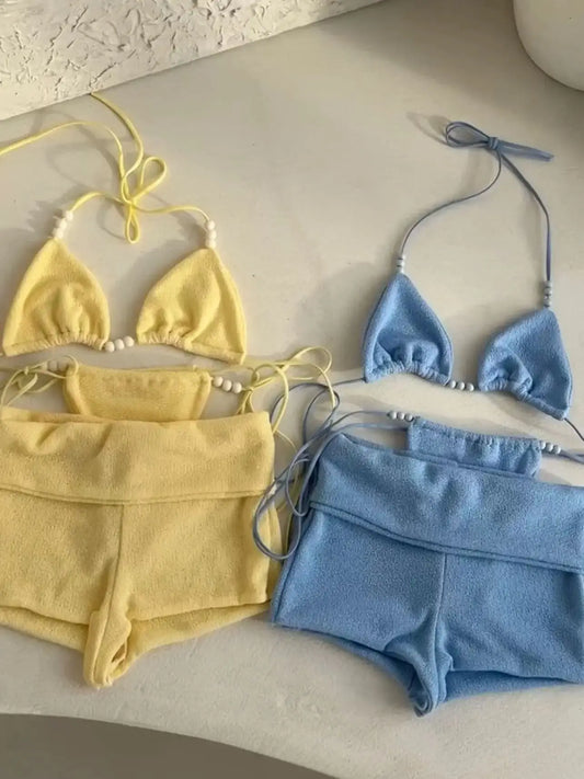 Bikini with Pants Swimwear Women Sexy Halter Tie Knot Two-Piece Bikini Set Soild Swimsuit Shimmer Bathing Suit Summer