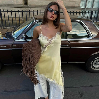 Sexy Irregular Satin Lace Dress Women Fashion V Neck Hem Suspender Mini Dresses 2025 New Fashion Party Vestidos Camisole Dress