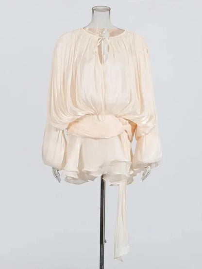 TWOTWINSTYLE Elegant Ruched Mini Dress For Women Round Neck Lantern Long Sleeve High Waist Temperament Dresses Female Fashion