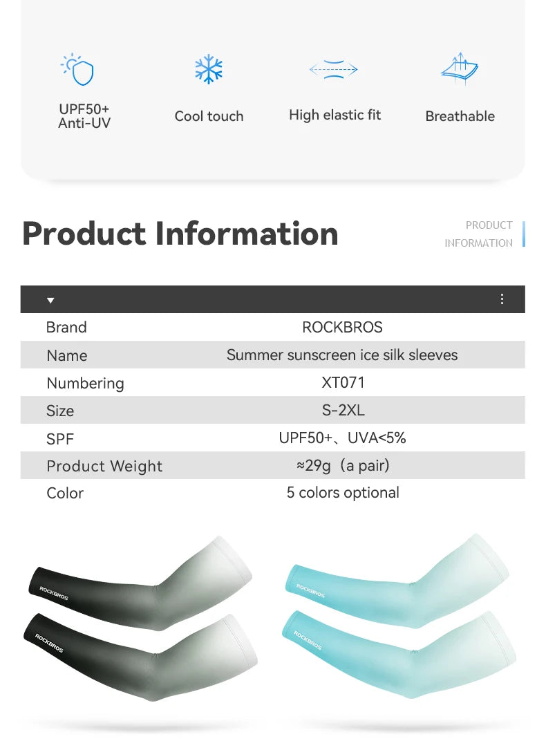 ROCKBROS Bicycle Arm Sleeves Ice Silk Sun UV Protection Sports Cycling Arm Sleeves Cover Breathable Running Fitness Arm Sleeves