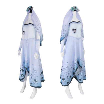 Bride Emily Cosplay Costume Wig Zombie Ghost Emily Blue Printed Dress Gothic Clothing Halloween Party Princess Dress Suit